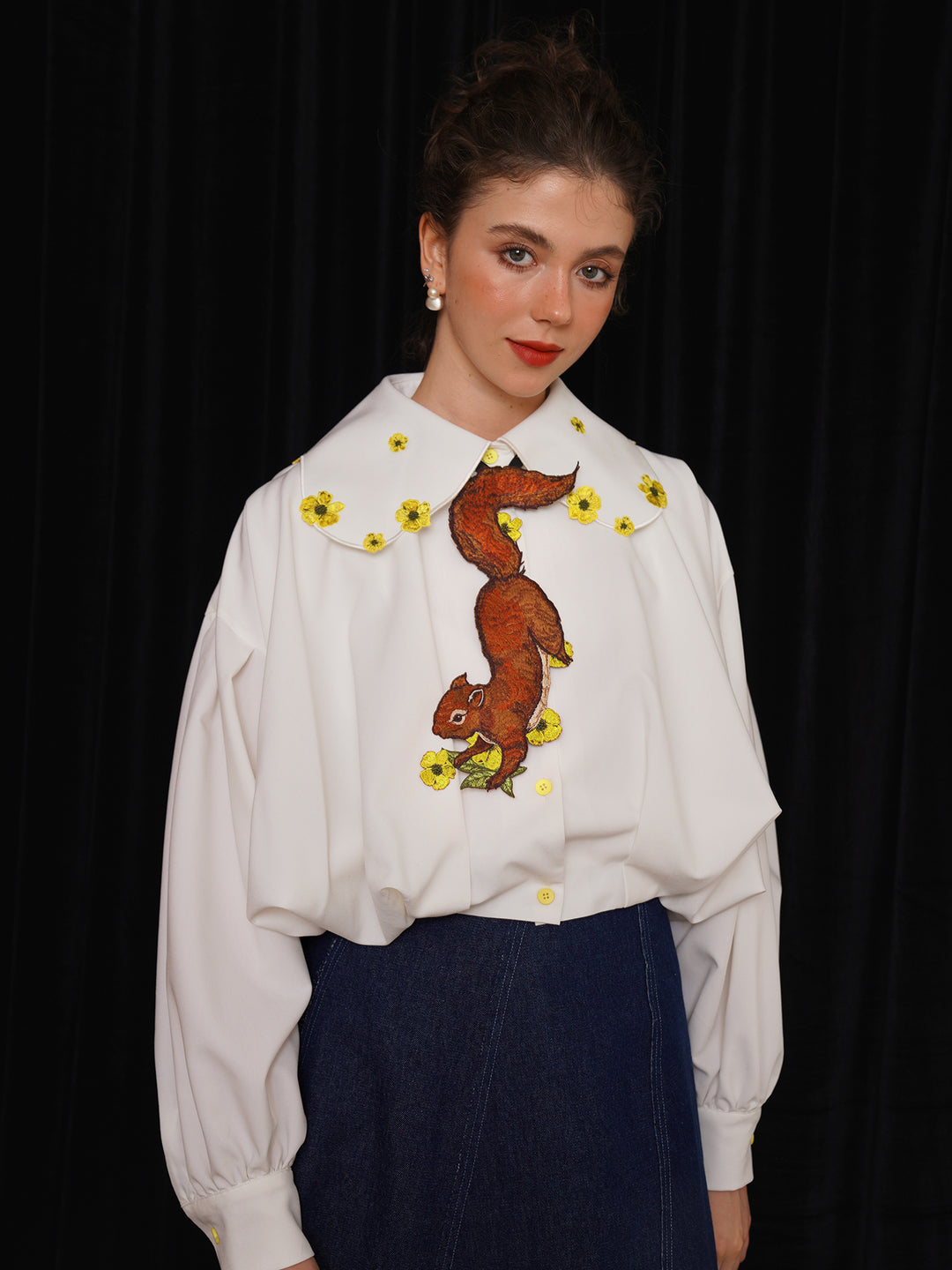 Forest Whisper Embroidered Jacket - Retro Squirrel & Flower Off-Shoulder Niche Top