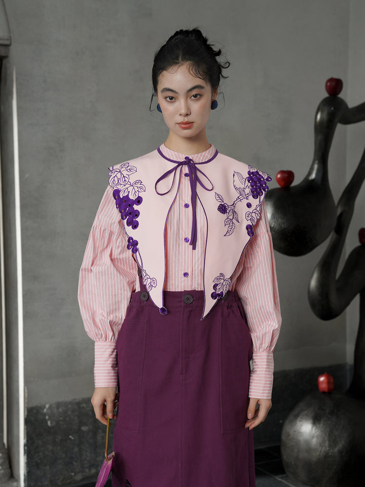 Rose Pink Vine Embroidered Shirt | French Vintage Layered Collar Top