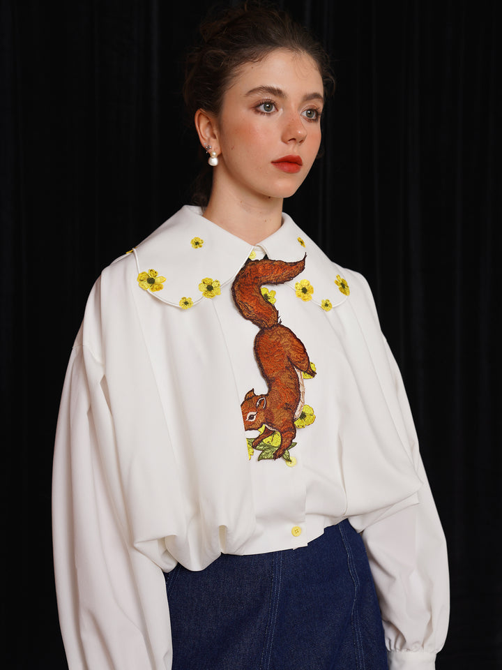 Forest Whisper Embroidered Jacket - Retro Squirrel & Flower Off-Shoulder Niche Top