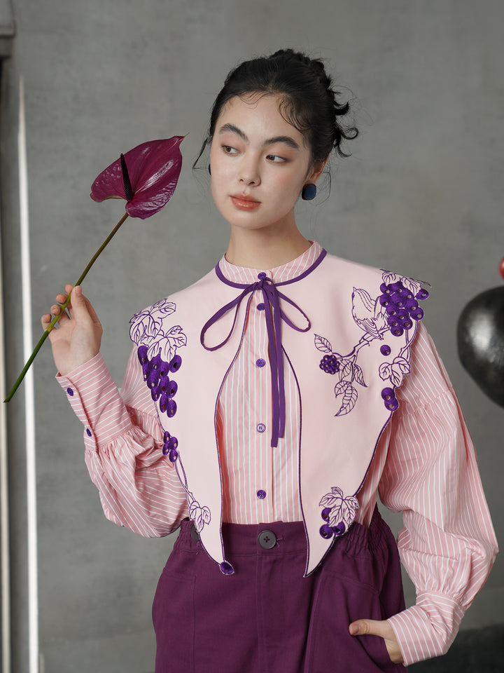 Rose Pink Vine Embroidered Shirt | French Vintage Layered Collar Top