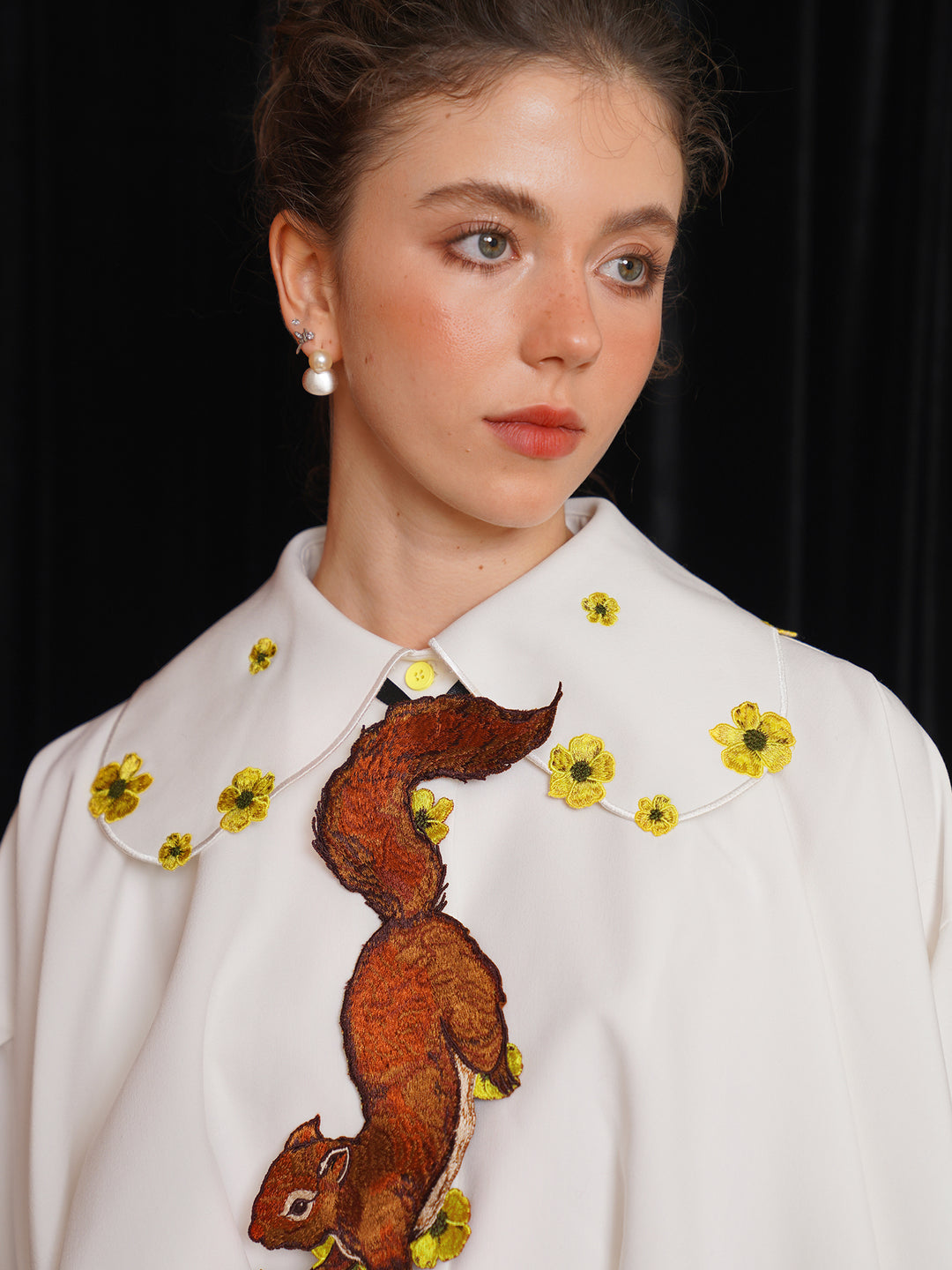 Forest Whisper Embroidered Jacket - Retro Squirrel & Flower Off-Shoulder Niche Top