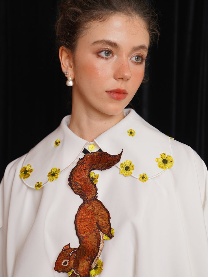 Forest Whisper Embroidered Jacket - Retro Squirrel & Flower Off-Shoulder Niche Top