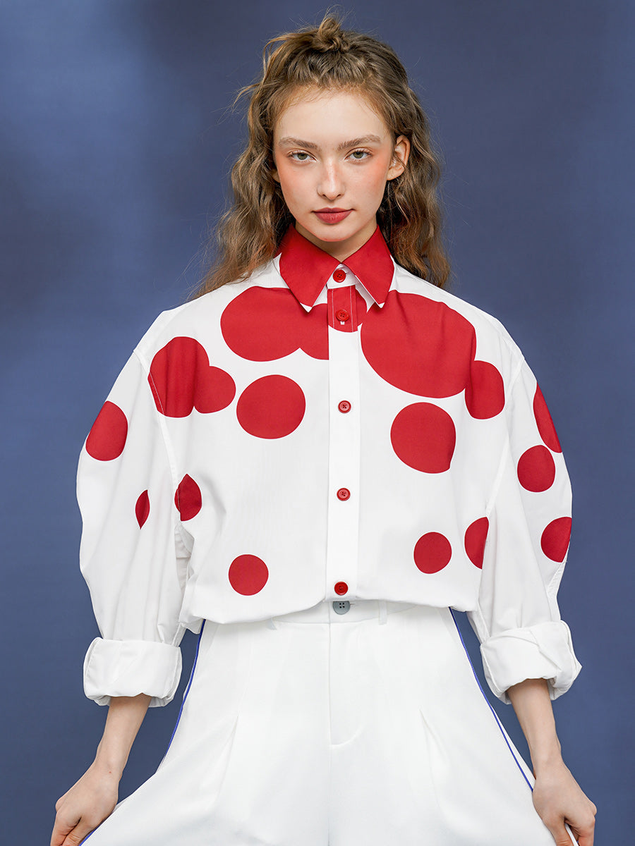New original retro polka dot printed commuter shirt with women's silhouette, classic design sense top, small shirt