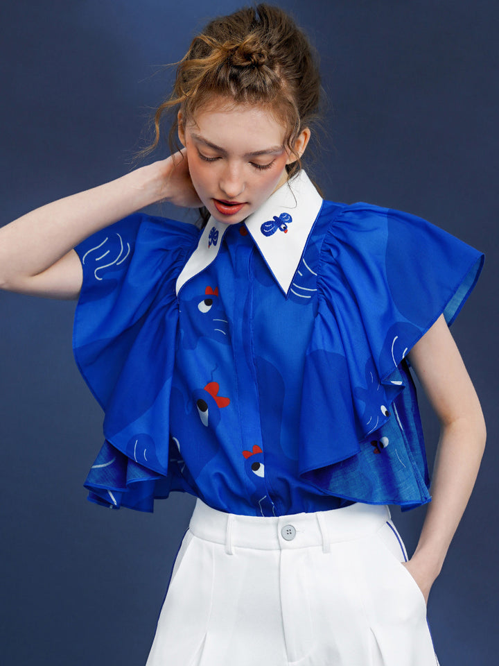 Original Retro Exquisite Bluebird Embroidered Collar Shirt with Lotus Leaf Flying Sleeves and Flip Collar Design, Printed on Shirt
