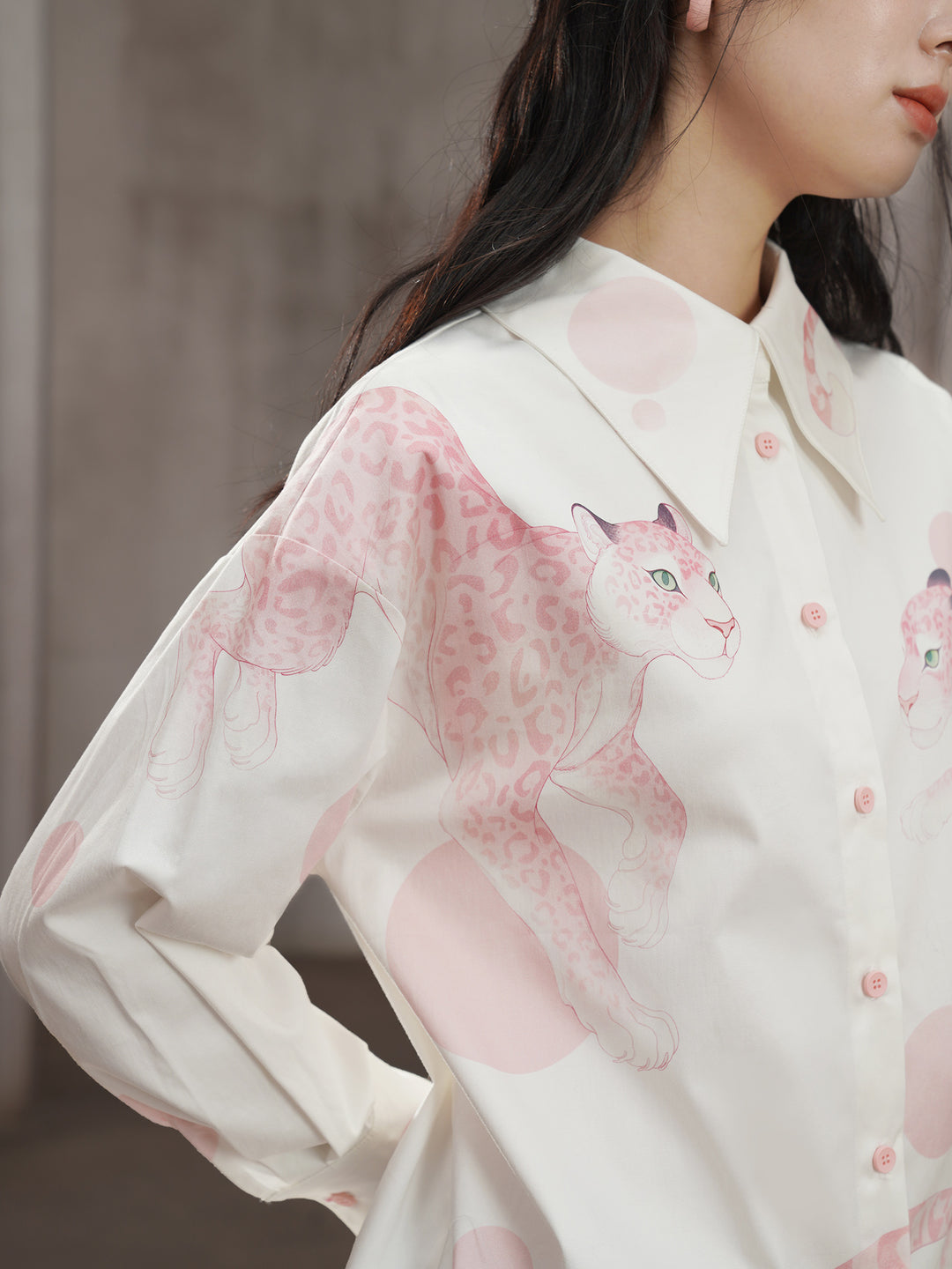 Pink Leopard Hand-Painted Shirt - Artistic Retro Oversized Lapel Blouse