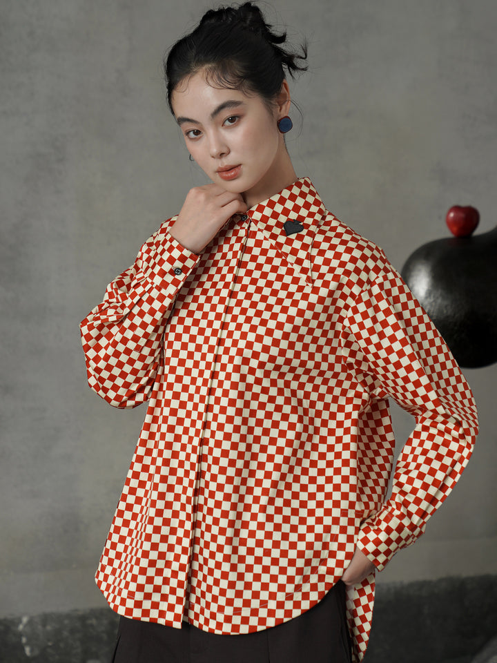 Vintage Red Diamond & Poker Embroidered Shirt | Preppy Style Lapel Blouse