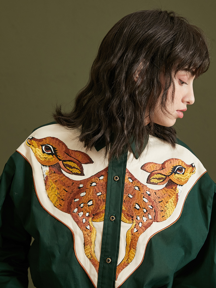 Forest Deer  Thick Cotton Shirt -  Heavyweight Embroidered Contrasting Top
