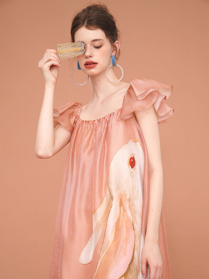 Whimsical Rabbit French Retro Dress - Romantic Flutter Sleeve Fairy Slimming Midi