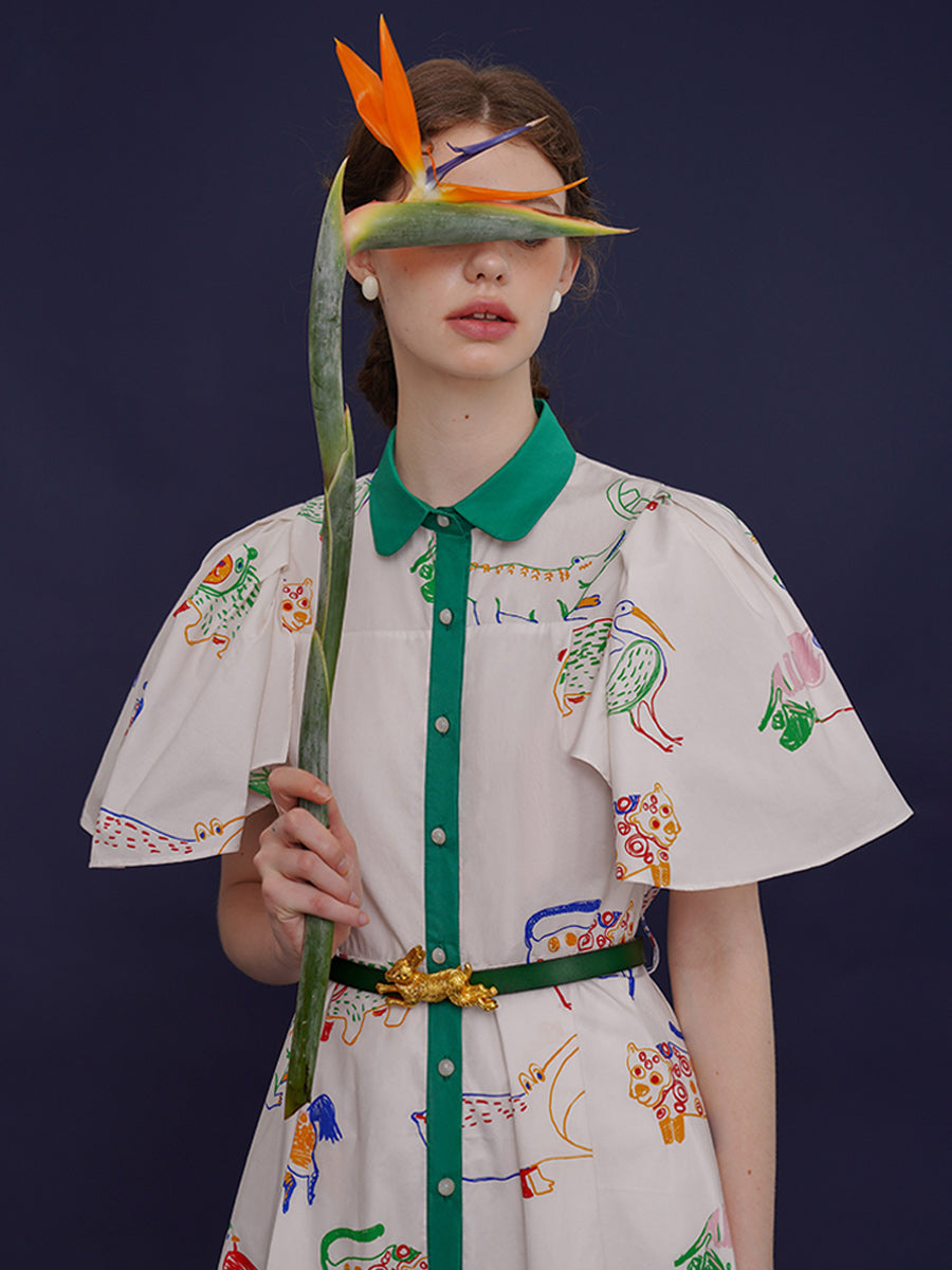 Original French retro bird graffiti full print dress, women's short sleeved white niche slimming dress