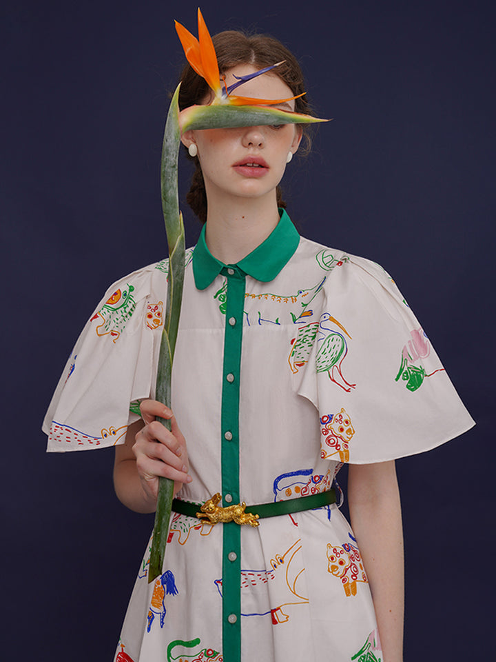 Original French retro bird graffiti full print dress, women's short sleeved white niche slimming dress