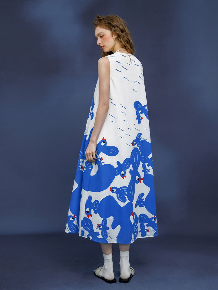 Original Summer Refreshing Blue and White Hand drawn Illustration Art Printed Dress Color Contrast Design Tank Top Long Dress