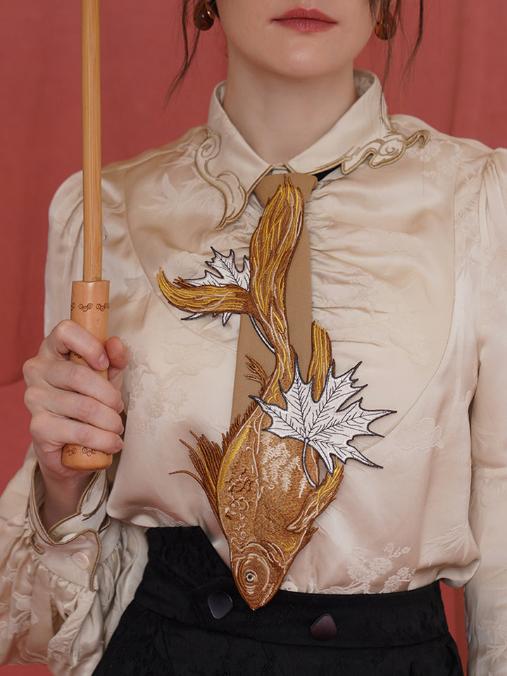 Original Chinese style sinking fish leaf tie for women, paired with shirt design, niche embroidery tie accessories