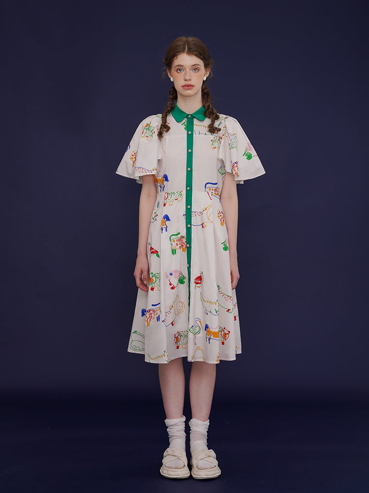 Whimsical Aviary" French Retro Dress - Graffiti Print Slimming White Midi