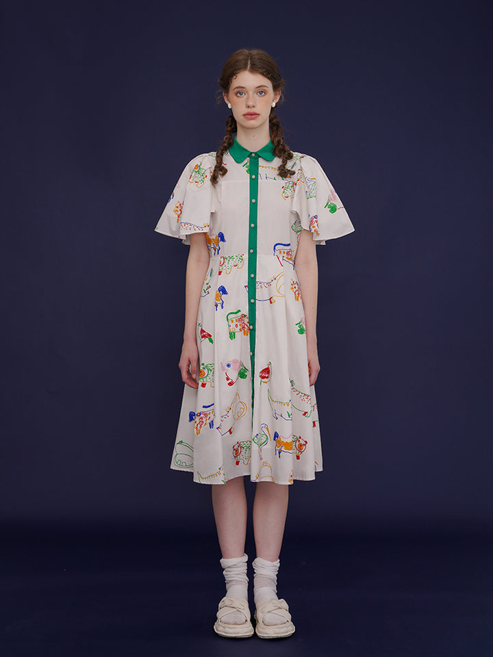 Whimsical Aviary" French Retro Dress - Graffiti Print Slimming White Midi