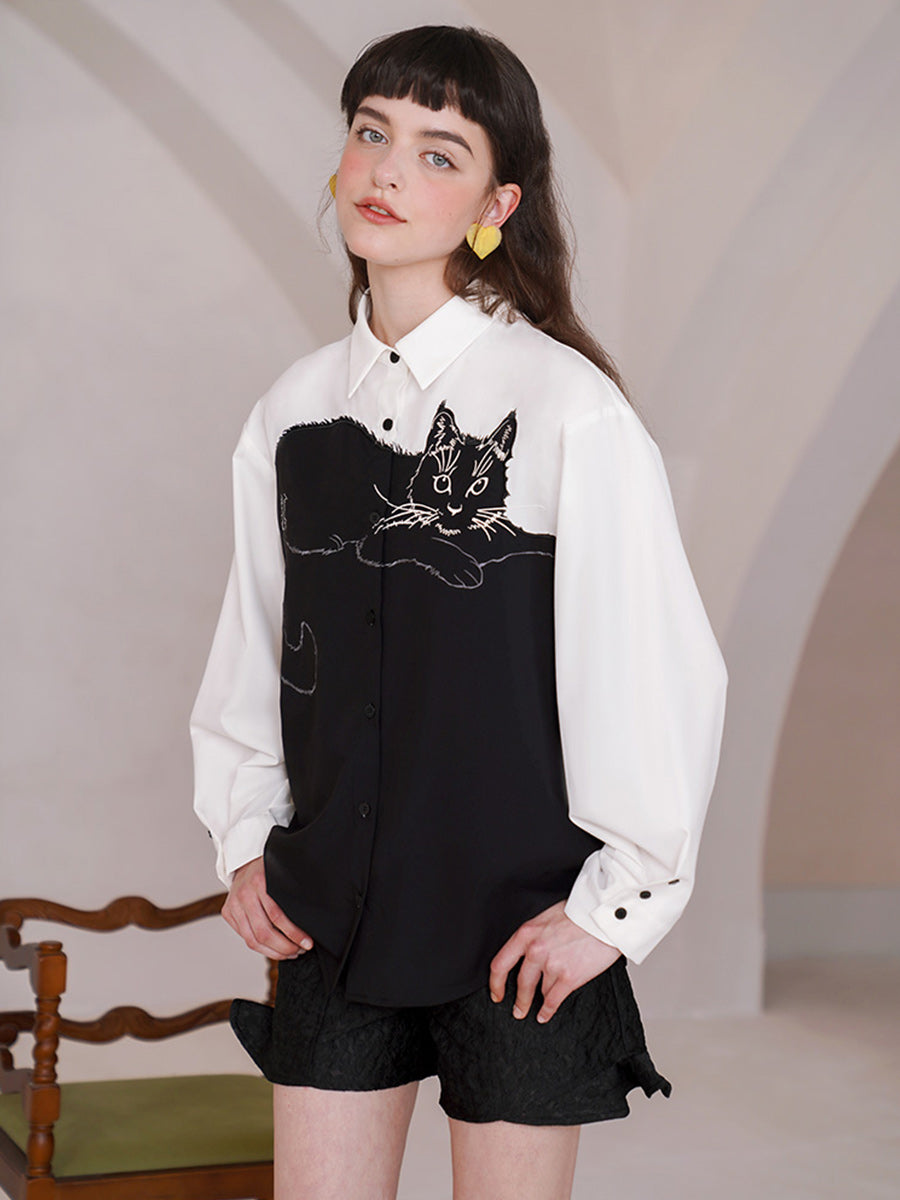 Camoooni Original design sense, contrasting color splicing shirt, niche long sleeved retro embroidered shirt, women's top