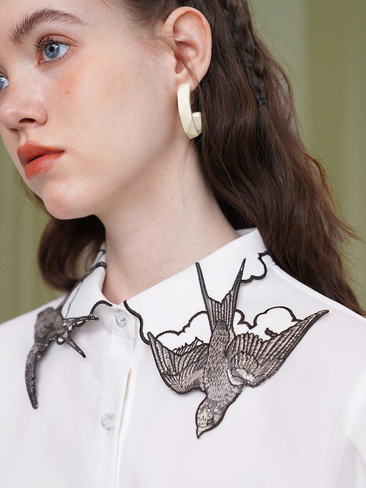 Original Embroidered Collar White Shirt Designer Style Small and Beautiful Versatile Top Women's Long Sleeve