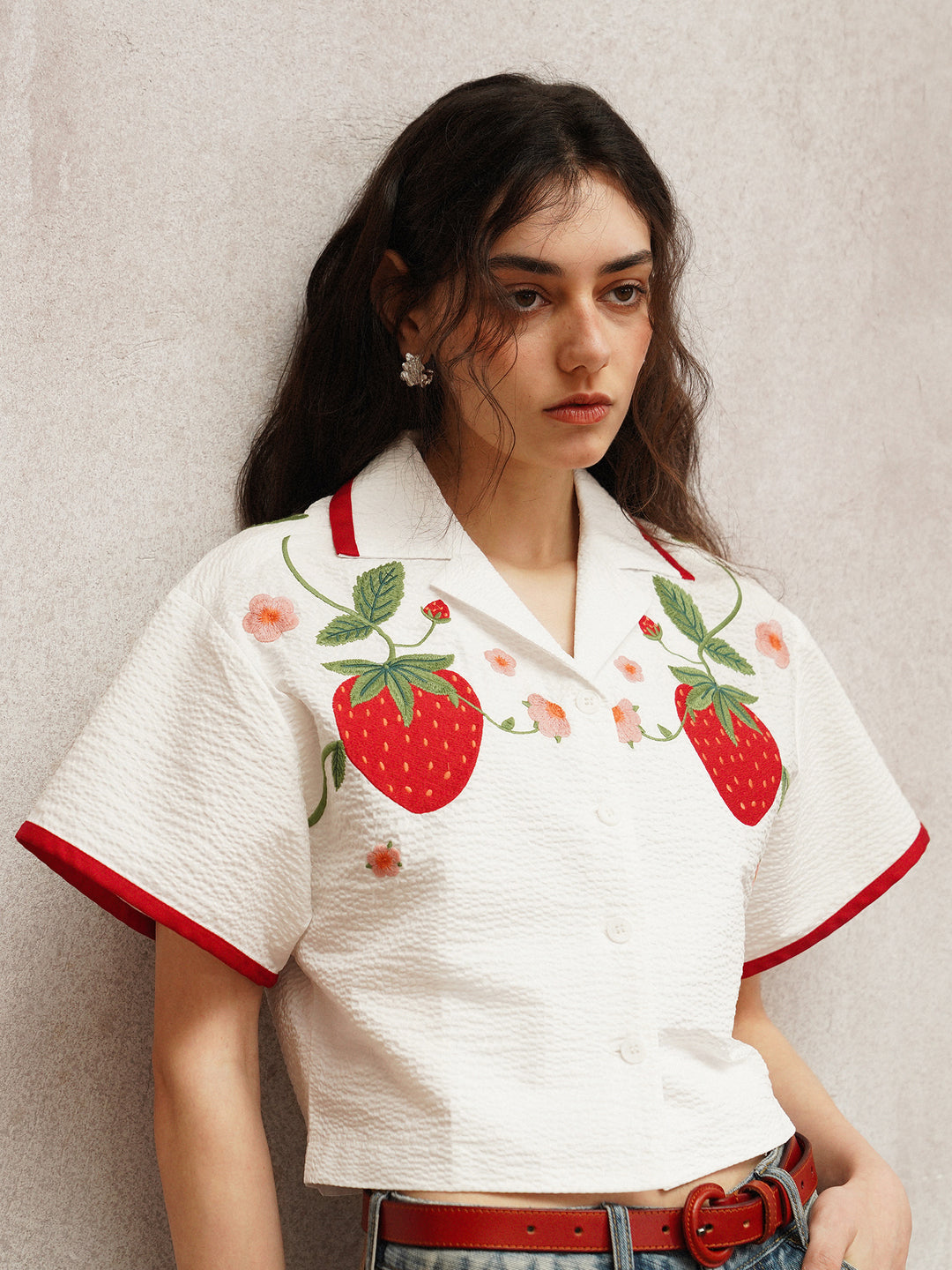 Strawberry Embroidered Cuban Collar Short-Sleeve Shirt