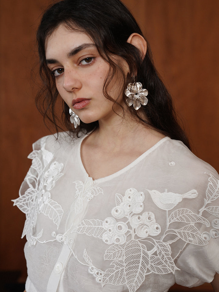 French Vintage Intricate Embroidered Lace Shirt