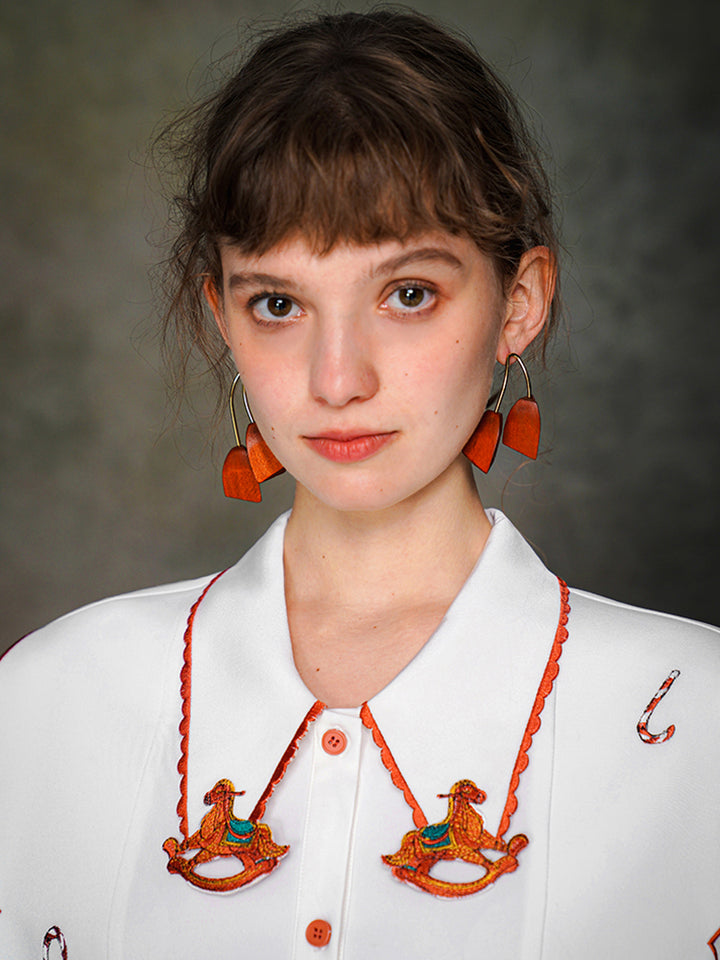 Carousel Dreams Embroidered Shirt - Retro Contrasting Spliced White Blouse