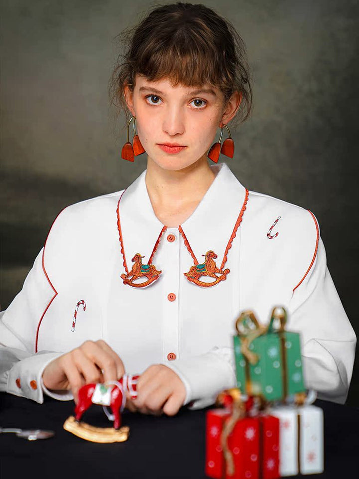 Original design, niche carousel embroidery collar splicing, retro contrasting white shirt, 2023 autumn/winter women's