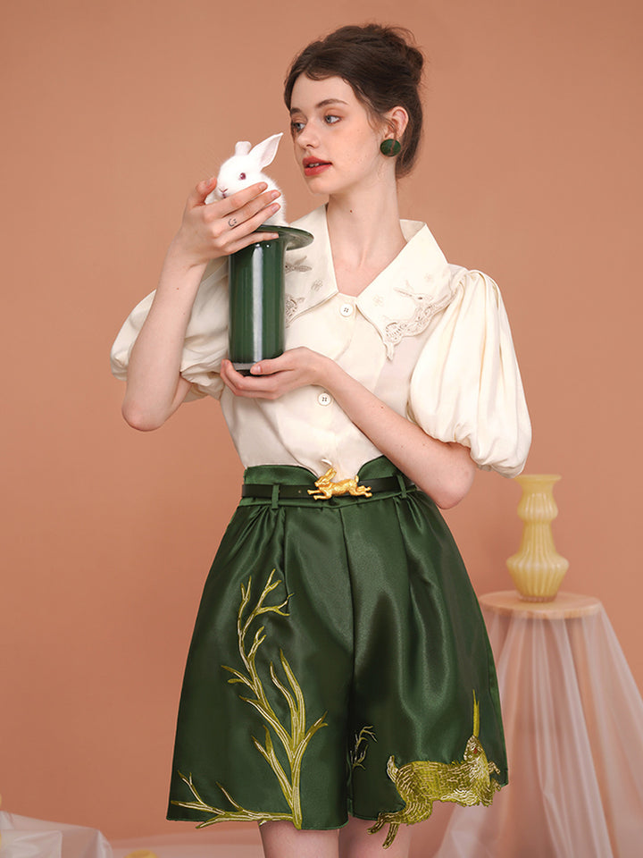 Original design sense, niche short sleeved red shirt, embroidered shirt, bubble sleeve shirt, women's retro top, summer