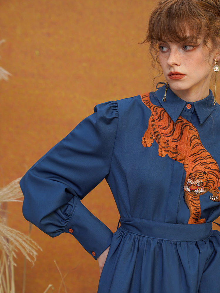 Blue Tiger  French Dress - Original Embroidered Slimming Commuting Midi