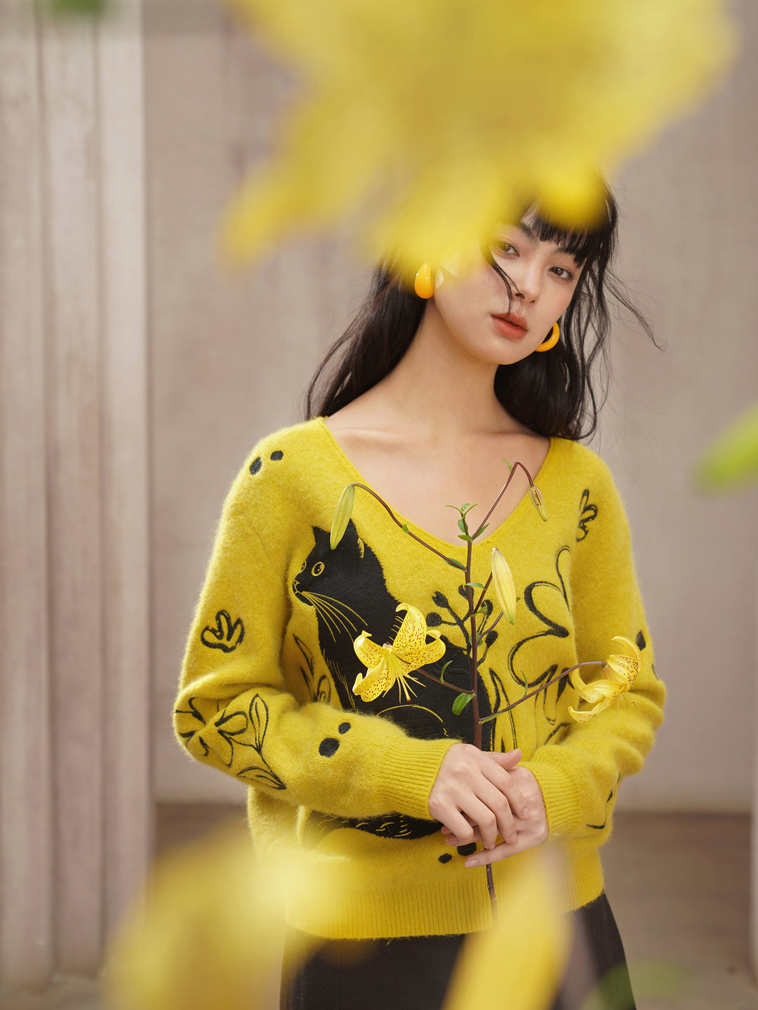 Vintage V-Neck Knitted Sweater – Black Cat Embroidery, Rabbit Hair Blend