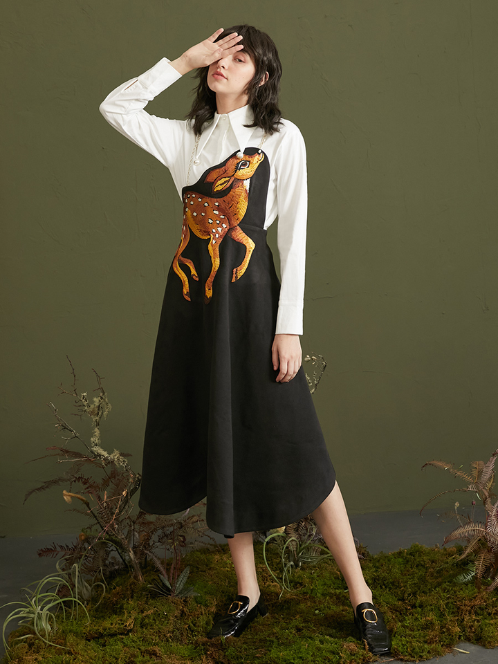 Original Design 2025 New Autumn Elegant Deer Heavy Embroidery Waist Curved Strap Big Swing Skirt