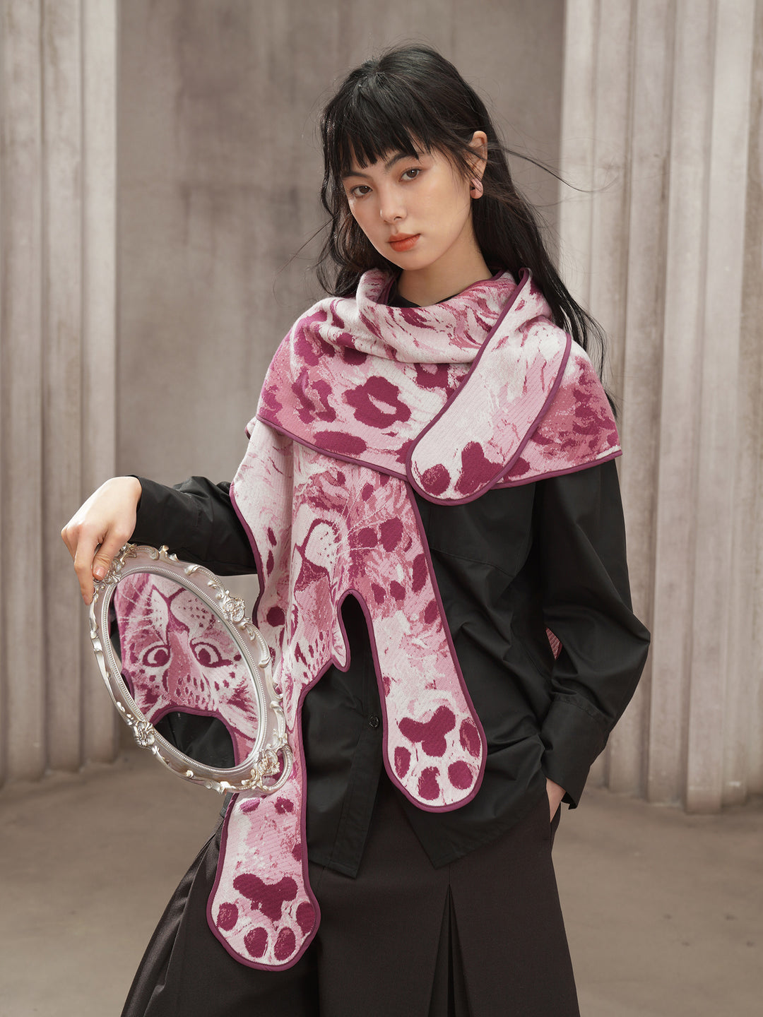 Pink Panther Blended Wool Big Shawl - Retro Knitted Animal Cape Scarf