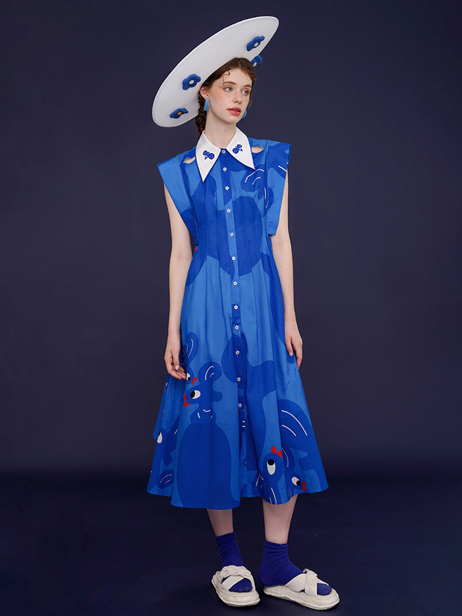 Original French Retro Bird Graffiti Printed Sleeveless Dress, Women's Blue Long Dress, Stylish and Slimming Skirt