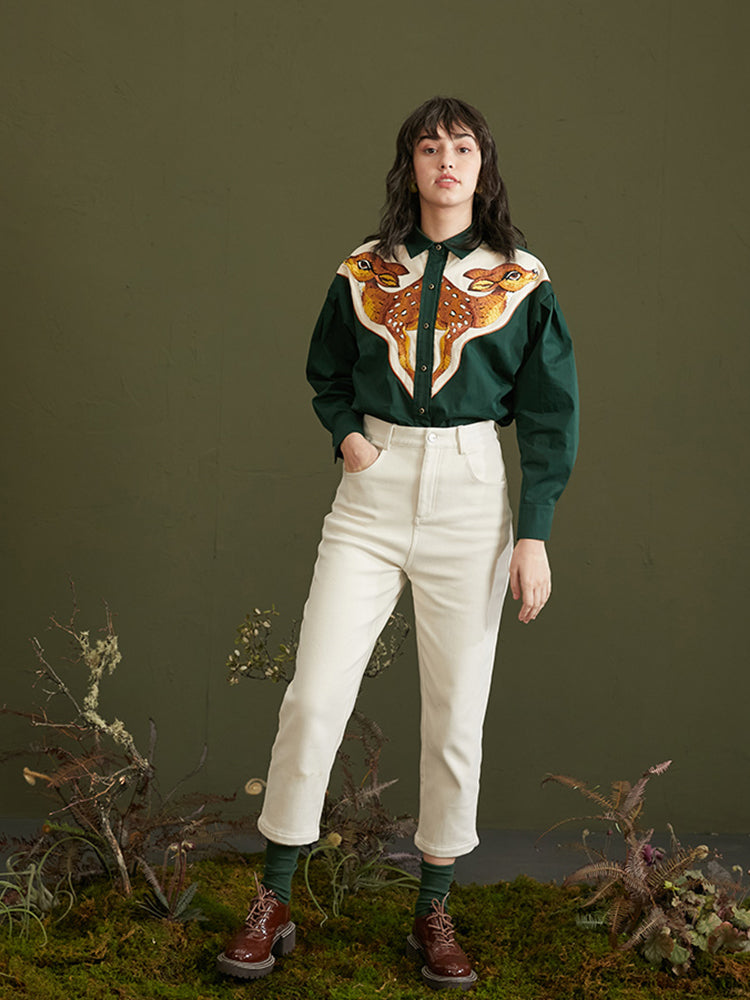 Forest Deer  Thick Cotton Shirt -  Heavyweight Embroidered Contrasting Top