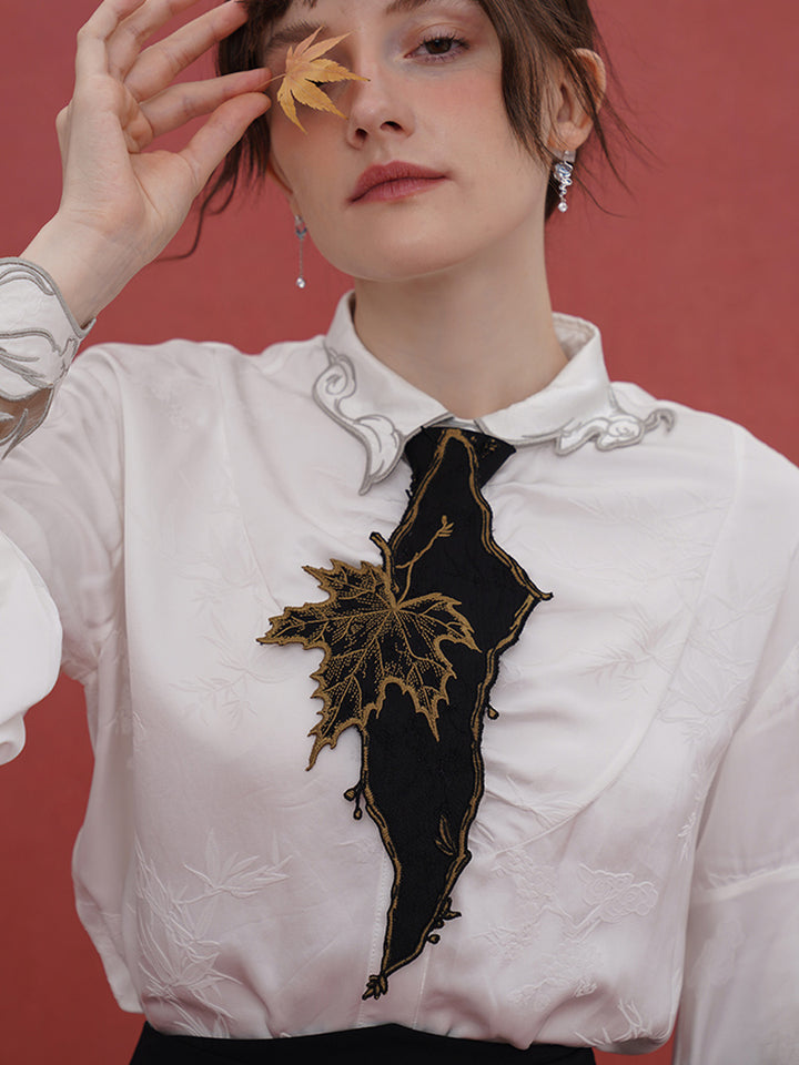 Original retro Chinese style embroidered shirt, tie, women's decoration, casual and super beautiful autumn maple leaves, niche