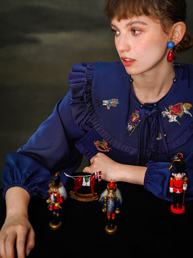 Nutcracker Embroidered Shirt with Detachable Shawl - French Retro