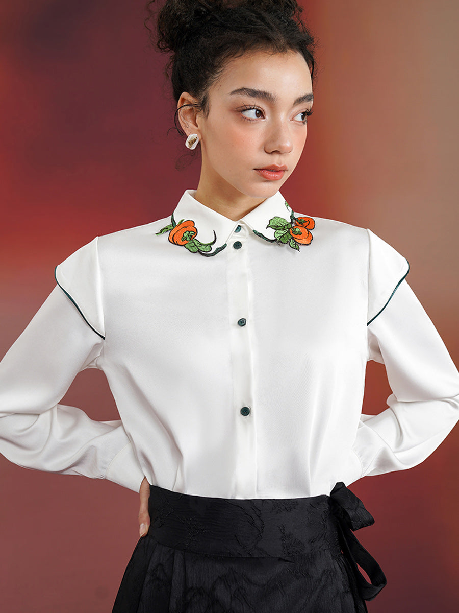 Original Chinese style persimmon embroidery shirt, retro niche cream white high-end top, 2024 spring new item for women