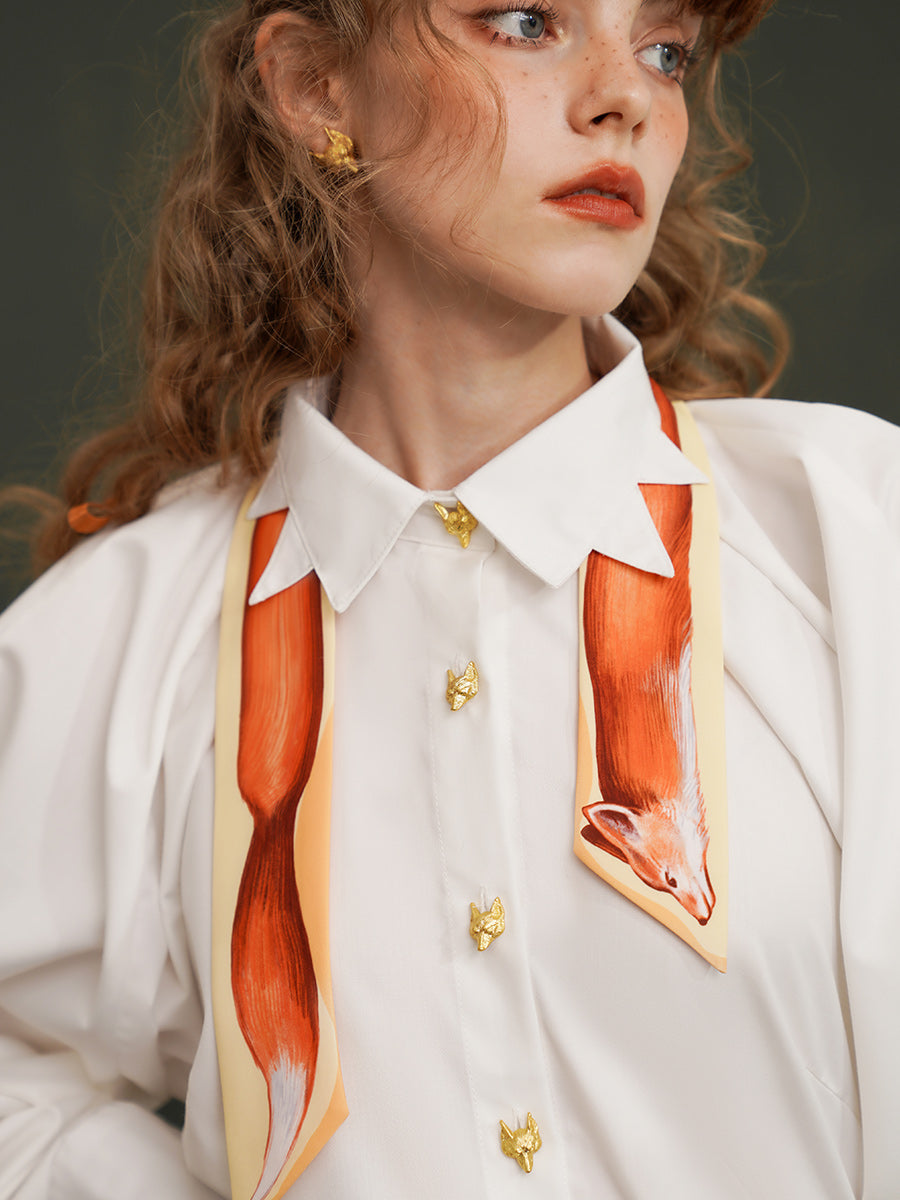 Artistic Fox Hand-Painted Narrow Scarf - Vintage Skinny Silk-Feel Long Tie