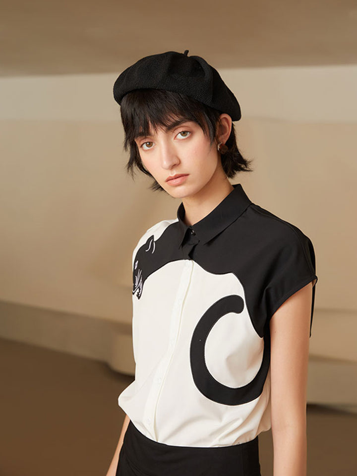 Urban Feline Leopard Shirt - Original Art Style Color Contrast Slimming Short Sleeve Blouse