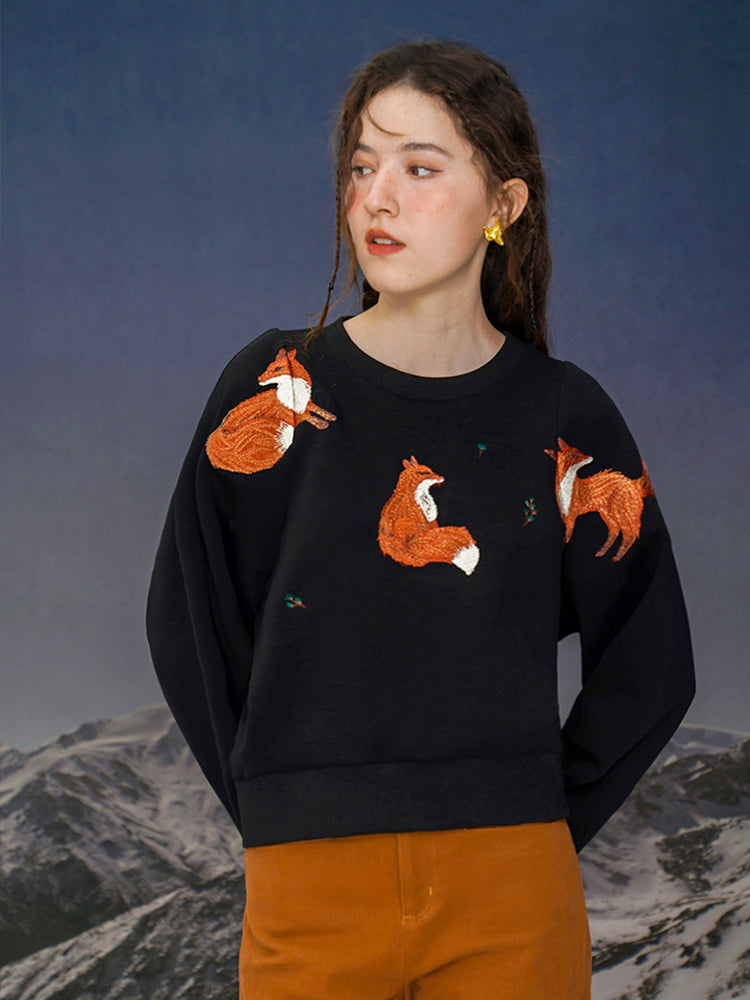 Red Fox  Embroidered Hoodie - Vintage Wide Neck Oversized Sweatshirt