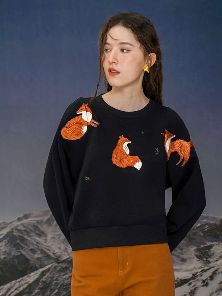 Red Fox  Embroidered Hoodie - Vintage Wide Neck Oversized Sweatshirt