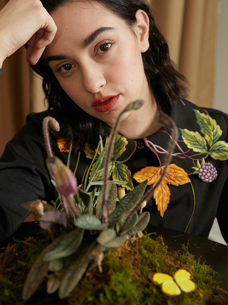 Leaf French Shirt - Original Embroidered Collar Retro Batwing Sleeve Top