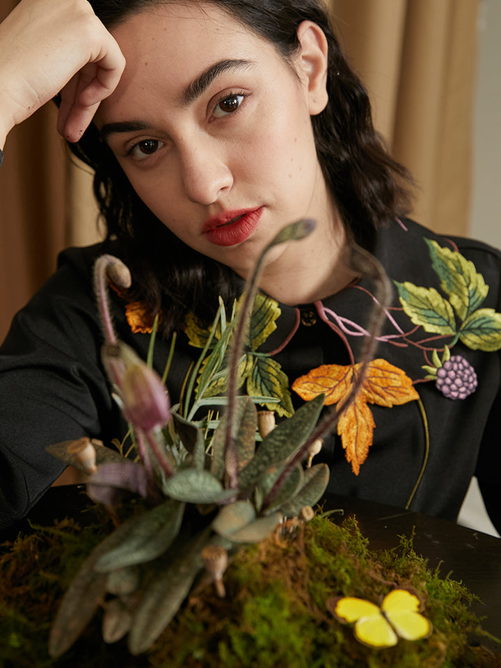 Leaf French Shirt - Original Embroidered Collar Retro Batwing Sleeve Top