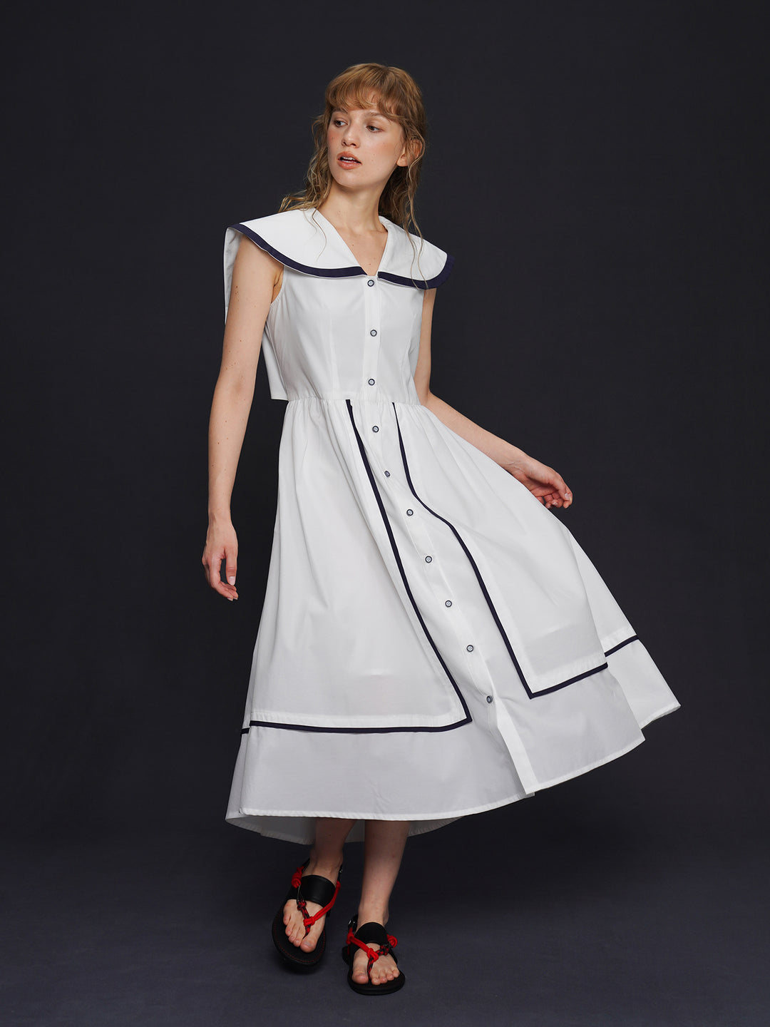 Academy Sailor French Midi Dress - Retro Navy Style Slimming Summer Shirt Dress