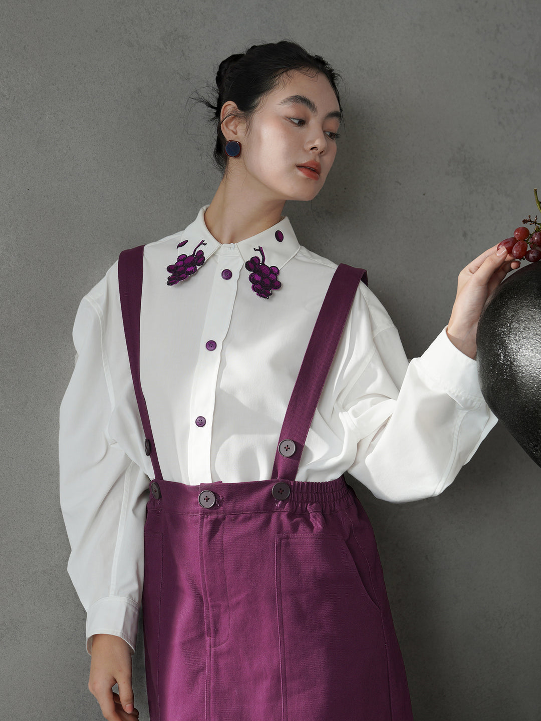 Vintage Grape Purple Embroidered Shirt | Contrast White Lapel Blouse