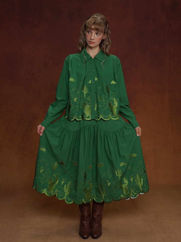 Vintage Pine Green Embroidered Midi Skirt | Relaxed Niche Design
