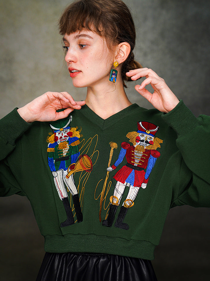 Original Design Nutcracker Embroidered Hoodie Wide V-neck Top Reduced Age Splicing Sleeves Autumn/Winter Collection