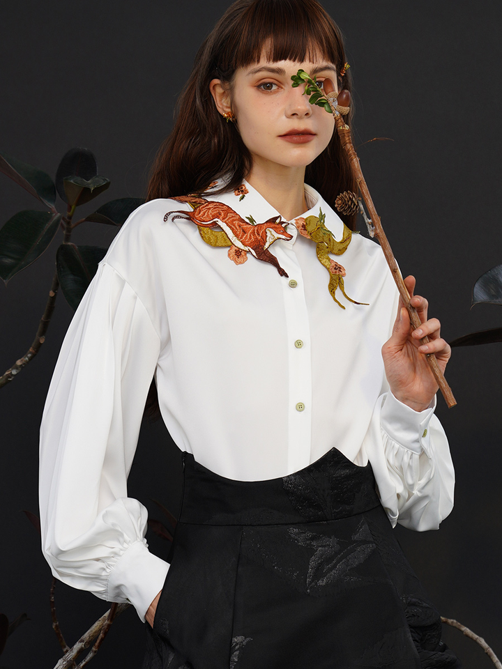 New Fox Story Retro Shirt with Heavy Embroidery and Ribbon Wrapping, Original Women's Top for Women