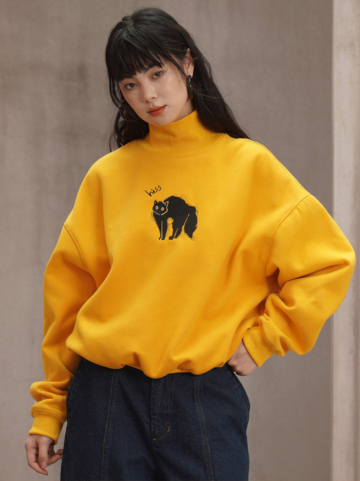 Sun Yellow Embroidered Black Cat Sweatshirt - Retro Streetwear Pullover with Half High Neck, Cute Embroidery Graphic Sweatshirt for Women