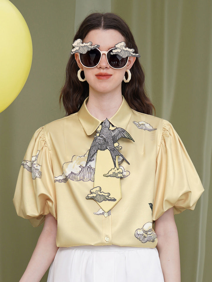 Original 2025 new design sense niche short sleeved printed bubble sleeve flower shirt women's retro top short