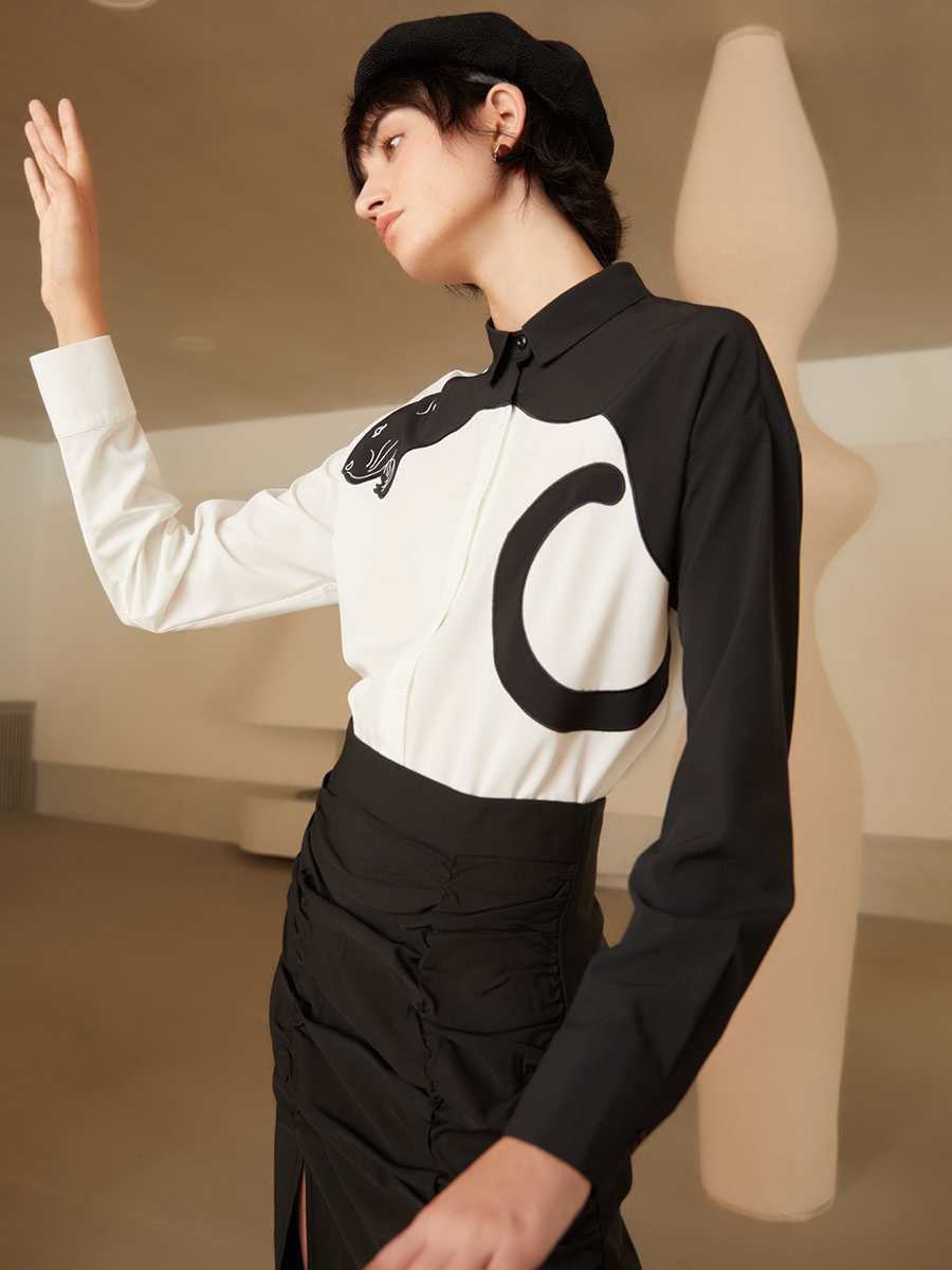 Leopard Art Shirt - Original Leopard Print Color-Contrast Slimming Short Sleeve Blouse