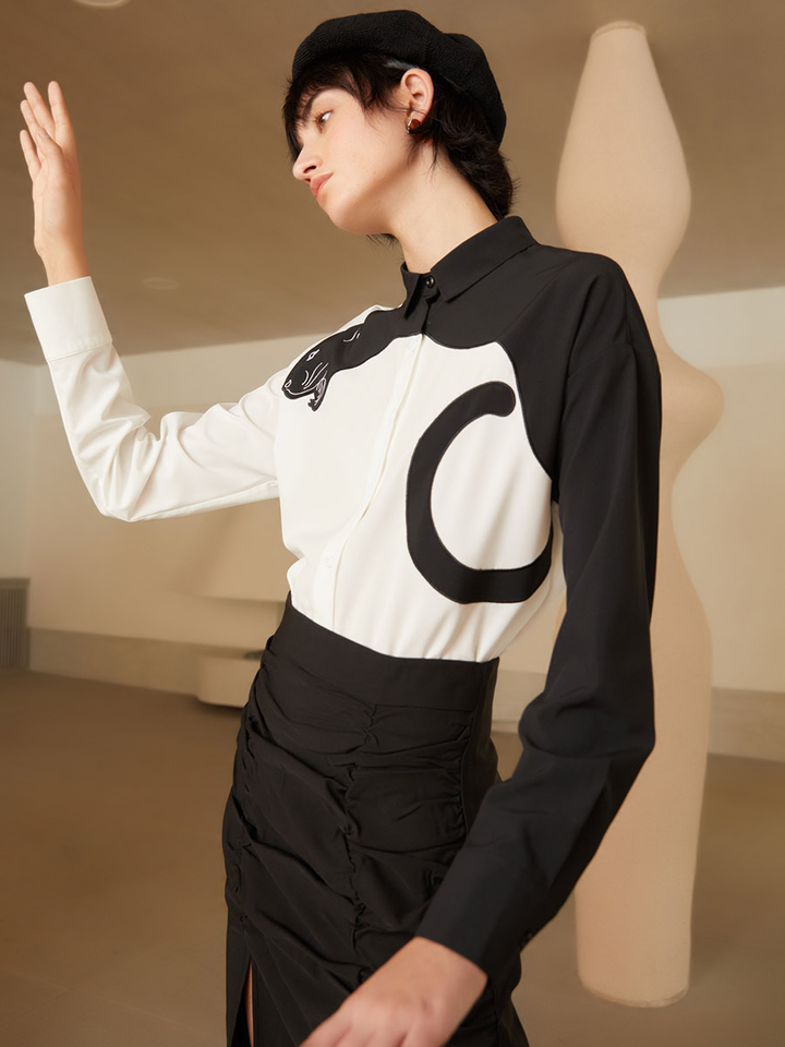 Leopard Art Shirt - Original Leopard Print Color-Contrast Slimming Short Sleeve Blouse