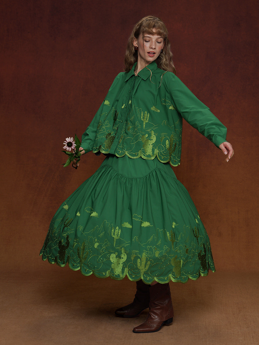 Vintage Pine Green Embroidered Midi Skirt | Relaxed Niche Design